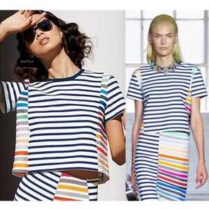 TANYA TAYLOR Rainbow Navy Stripe Short Sleeve Crop Crew Neck Top Size 10